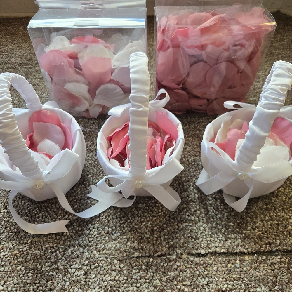 White and Pink Flower Girl Baskets with Petals